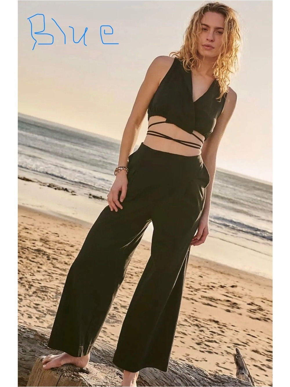 NWT Free People Sunday Funday Set Blue XS Wide Leg Wrap Crop Matching Set